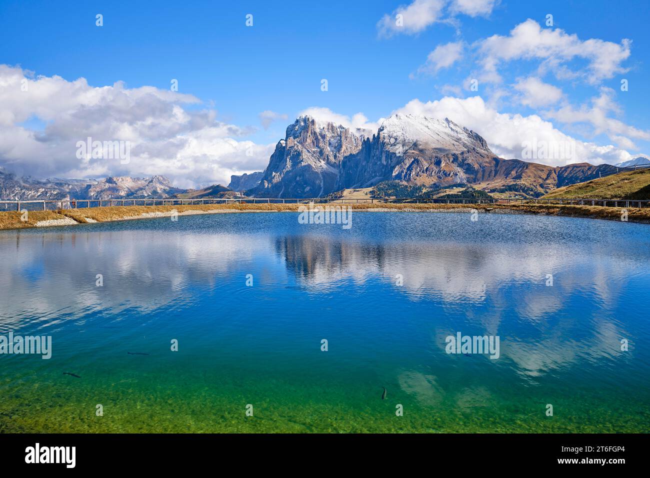 Snow-covered Plattkofel and Langkofel, lake with fish, reflection, Dolomites, Seiser Alm, snow, clouds and blue sky, Kastelruth, South Tyrol Stock Photo