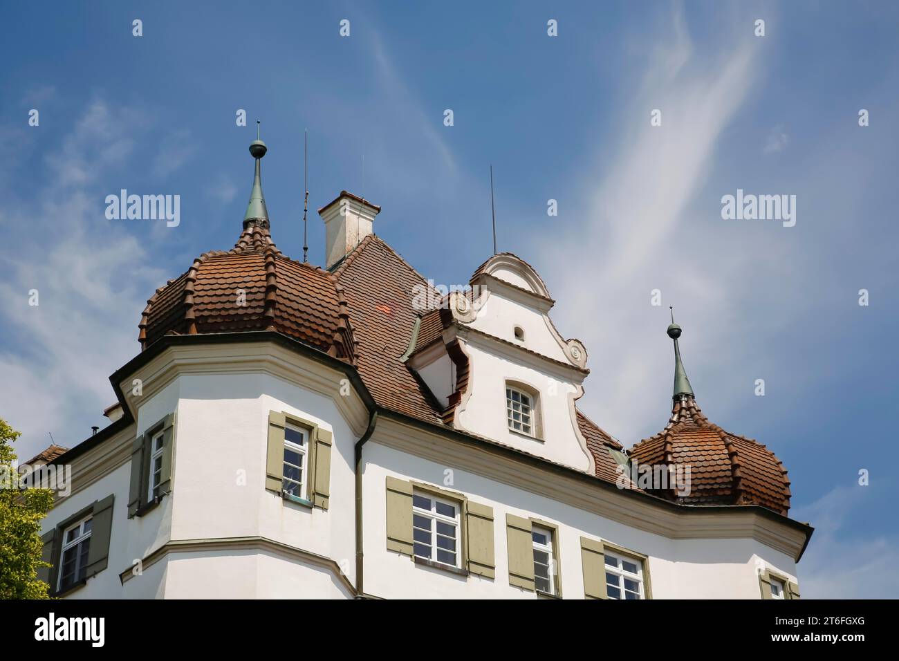 Bernstadt Castle, detail, turret, roof shingles, windows, today municipal administration and local history museum, symmetrical baroque building Stock Photo