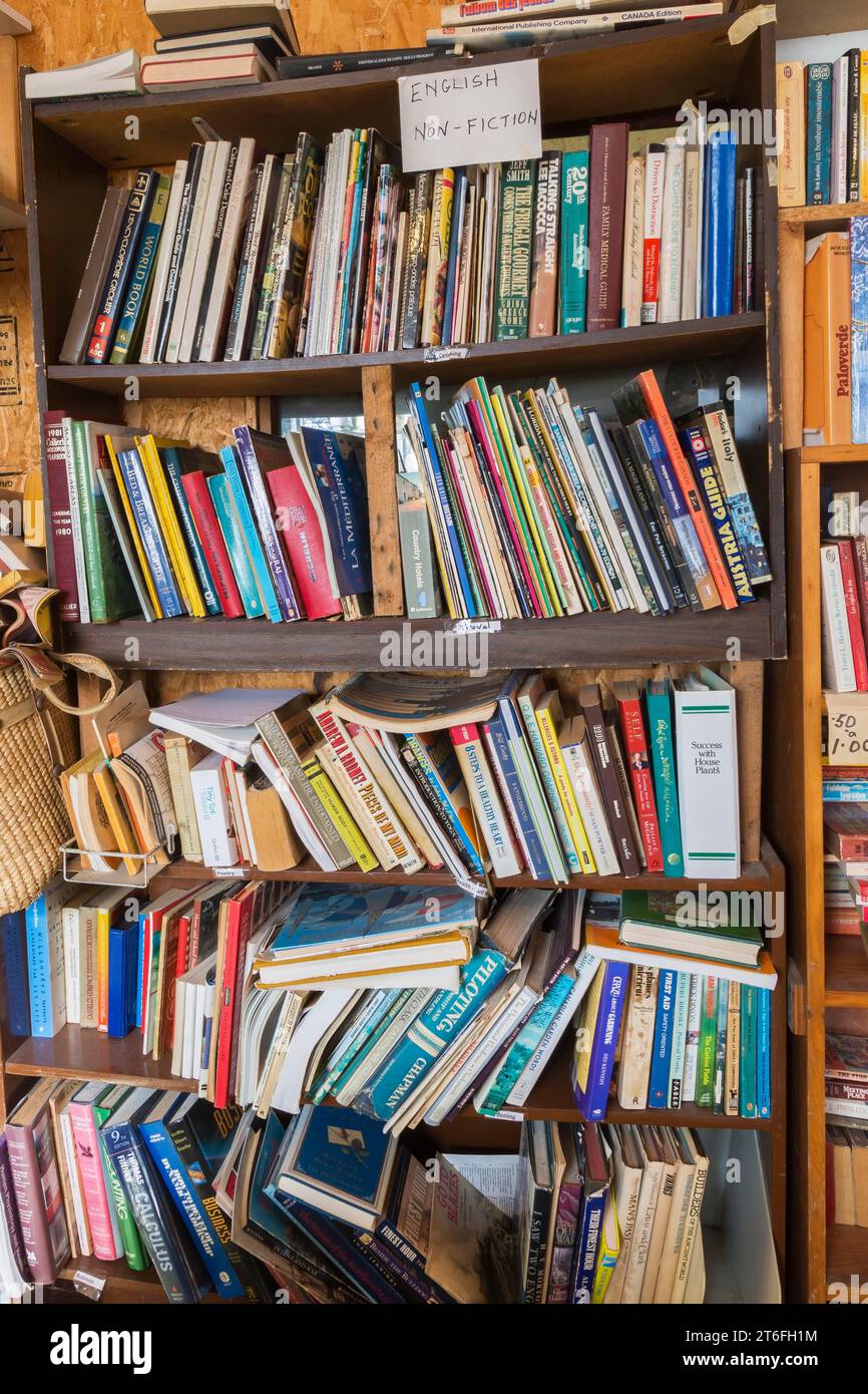 Various books displayed in bookcase for sale inside second hand goods and chattels store, Quebec, Canada Stock Photo