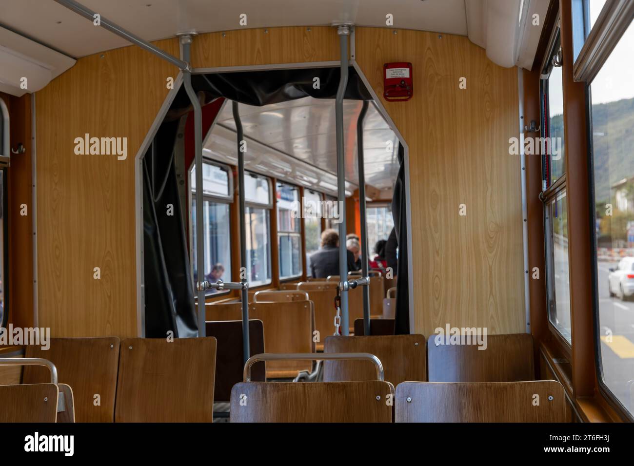 Inside an Old Railroad Wagon with Sunlight in Switzerland Stock Photo