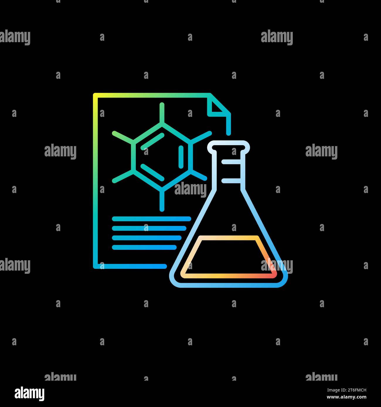 Flask with Papers vector Lab Results concept outline colorful icon on dark background Stock Vector