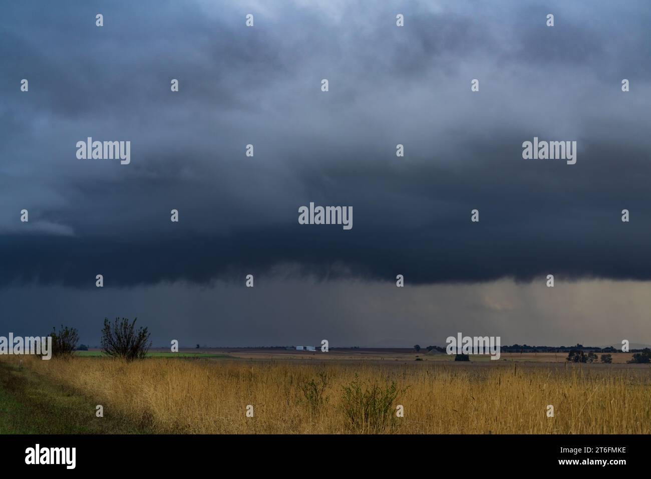 Rain falling from heavy dark clouds over rural farm land at Moolort in Central Victoria, Australia Stock Photo