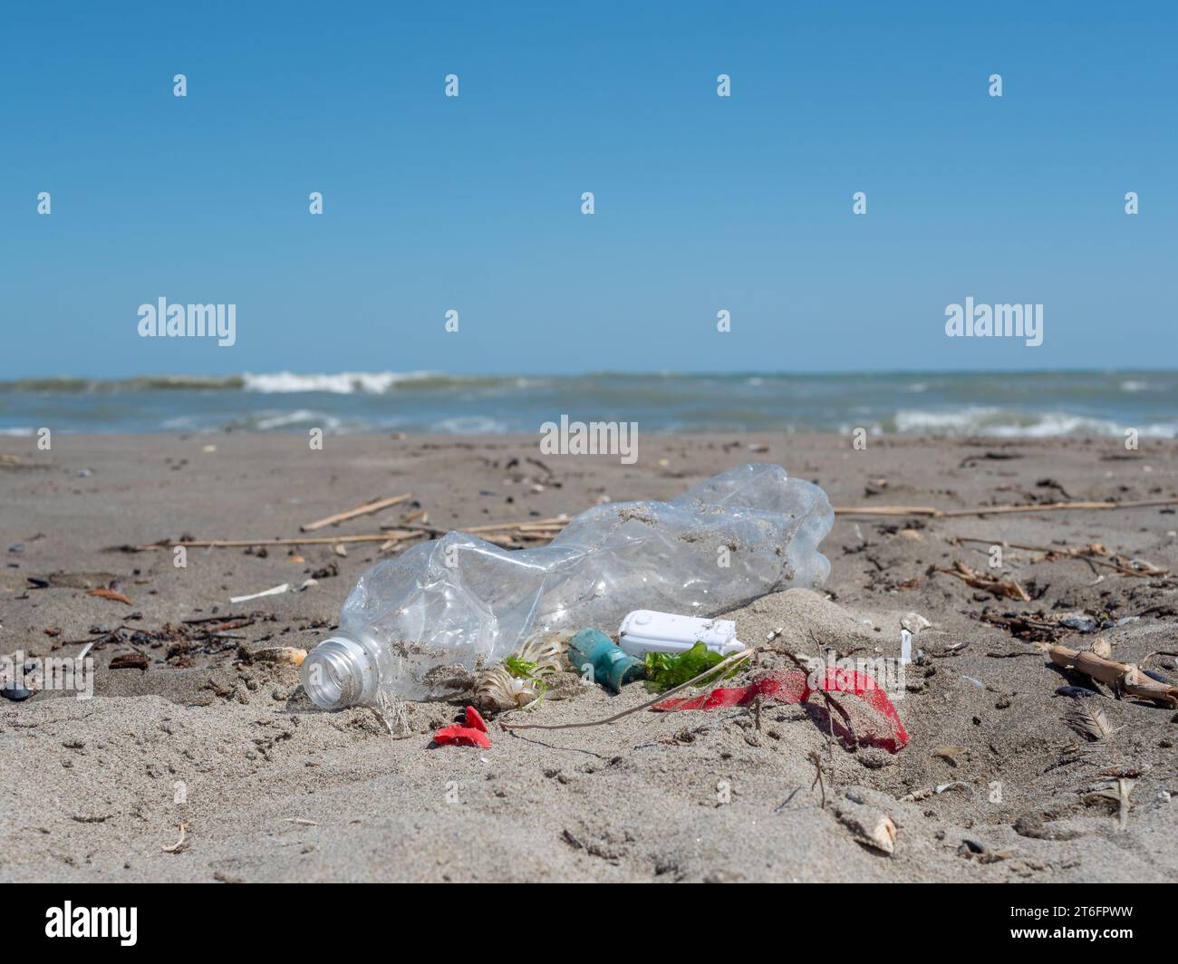 plastic garbage on the beach Stock Photo