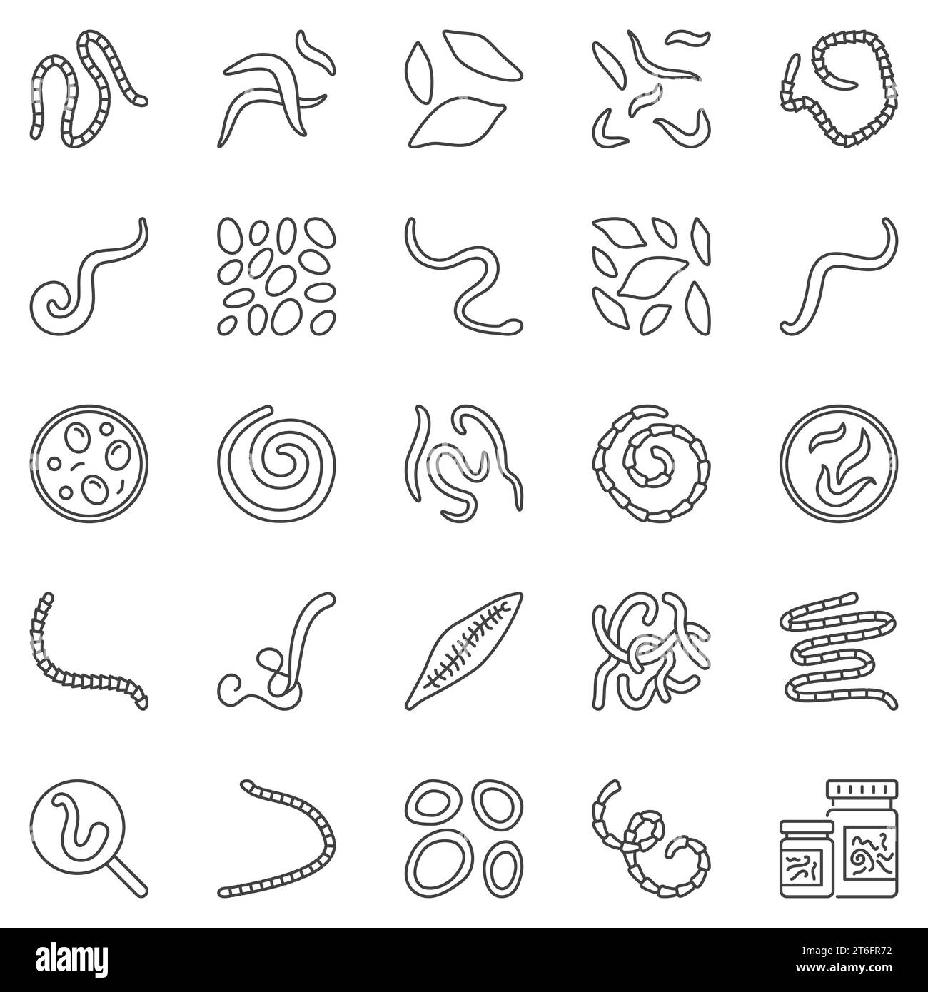 Helminth outline icons set - parasitic worms vector concept signs. Fluke, tapeworm, nematode line symbols Stock Vector