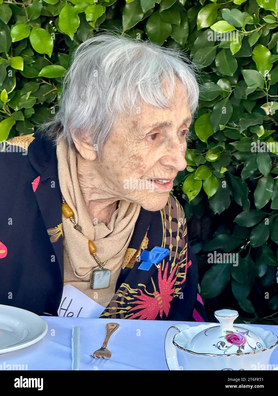 Santa Barbara, California, USA. 9th Nov, 2023. Helga Carden, Nazi Holocaust survivor:.November 9, 2023 is the 85th anniversary of Kristallnacht, (German for 'Night of Broken Glass'') when Nazis unleashed an orchestrated wave of violence against Jews in Germany and Austria to force them out of the country. More than one hundred Jews were murdered and thousands of Jewish institutions, synagogues, shops, and homes were ransacked and destroyed on Nov. 10th, 1938. The Jewish Federation of Greater Santa Barbara honored a group of local Holocaust survivors today by hosting a luncheon at the Stock Photo
