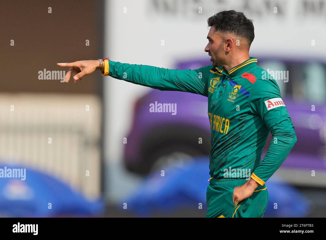 South Africa's Keshav Maharaj gestures as he prepares to bowl during ...