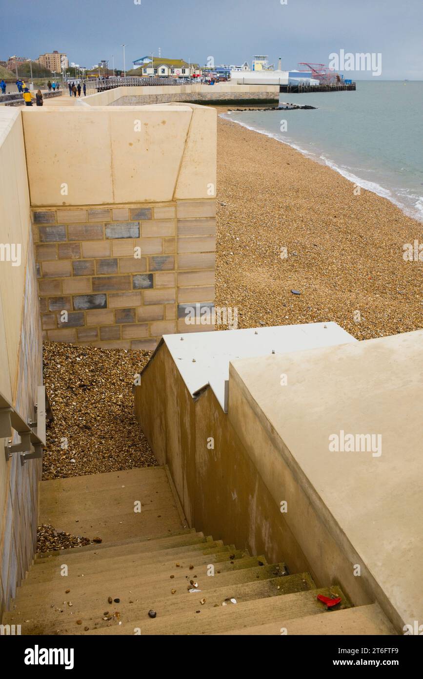 Detail of new steps and extensive sea defences at Southsea seafront in Portsmouth Stock Photo