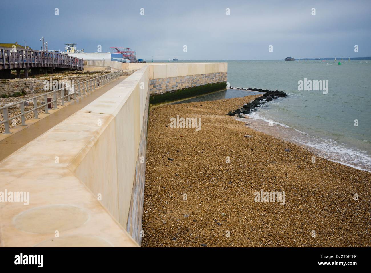 Extensive new sea defences put in along the coast at Southsea, Portsmouth Stock Photo