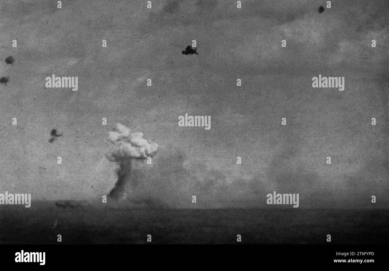 USS Ticonderoga (CV14) is hit by a Japanese kamikaze on 21 January