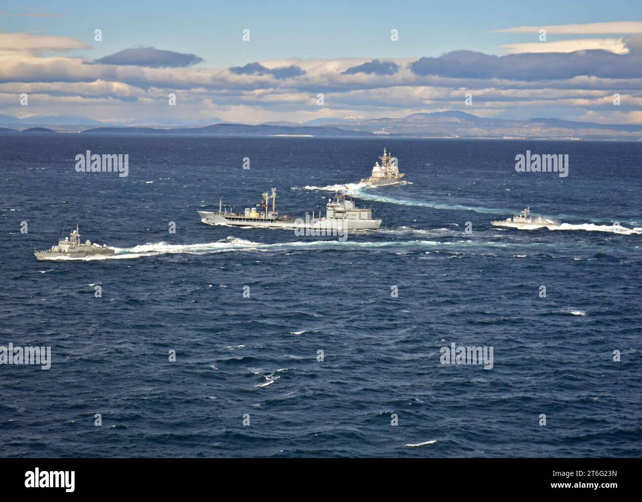 USS Vicksburg (CG-69) with German oiler Spessart (A1442) and Croatian missile boats in the Adriatic Sea 2015 Stock Photo