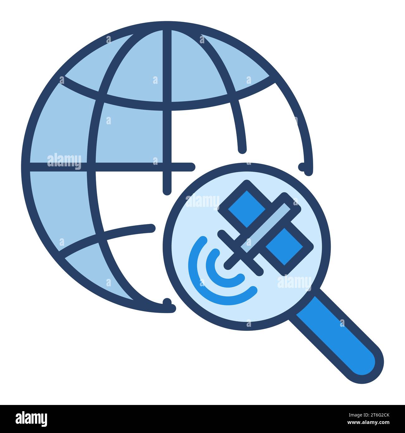 Earth Globe and Magnifier with Satellite vector concept blue icon or logo element Stock Vector