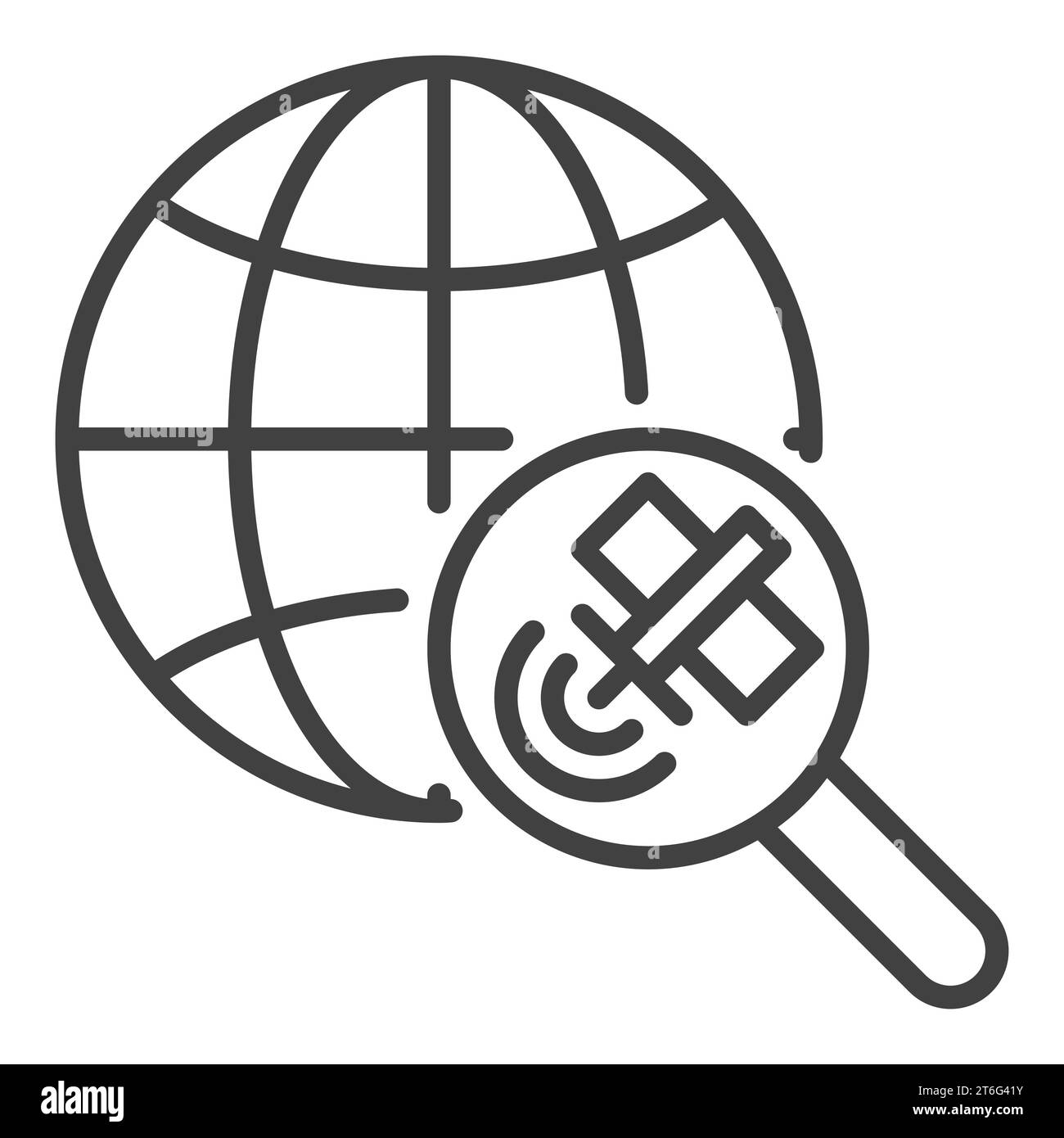 Magnifier with Satellite and Earth Globe vector concept linear icon or symbol Stock Vector