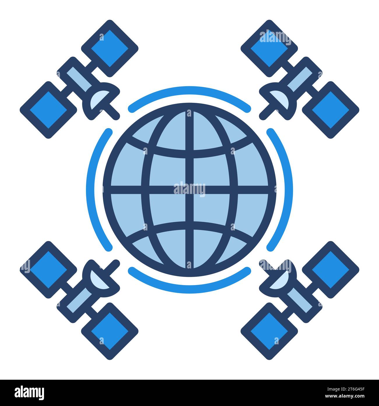 Earth with Four Satellites vector concept blue icon or design element Stock Vector