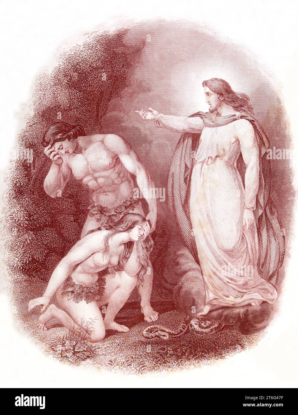 Illustration of the Lord God Confronting Adam and Eve after they had Eaten the Forbidden Fruit - 'Hast Thou Eaten of the tree Whereof I Commanded Thee Stock Photo