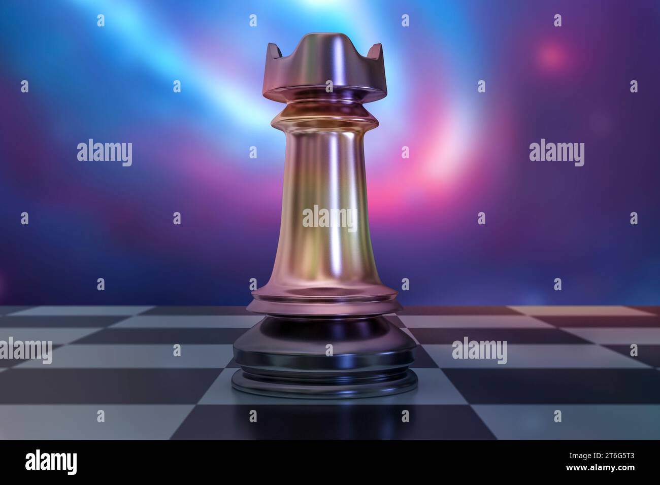 Chess rook on chess board on space background, close-up view, 3D ...