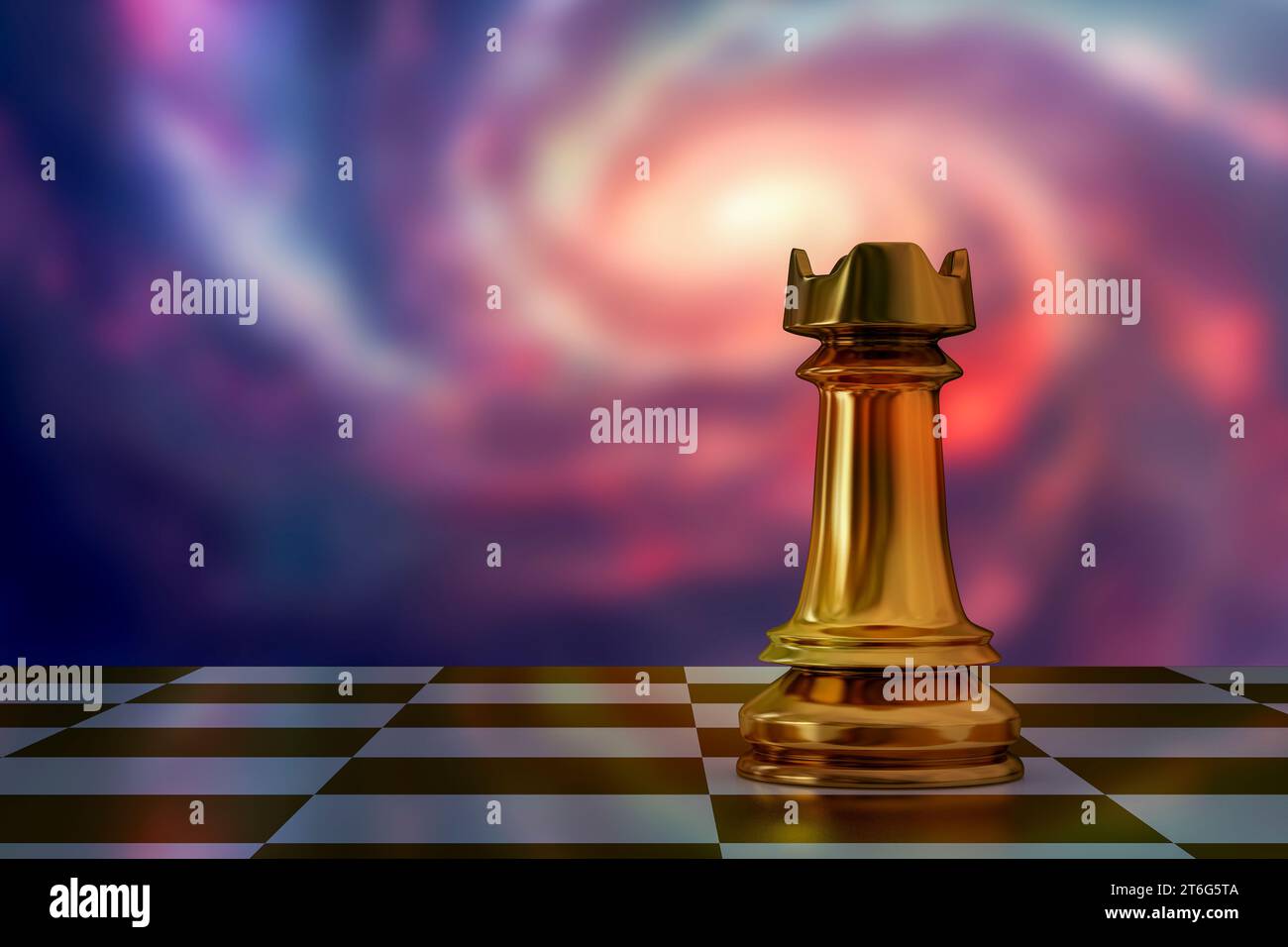 Chess rook on chess board on space background, close-up view, 3D ...
