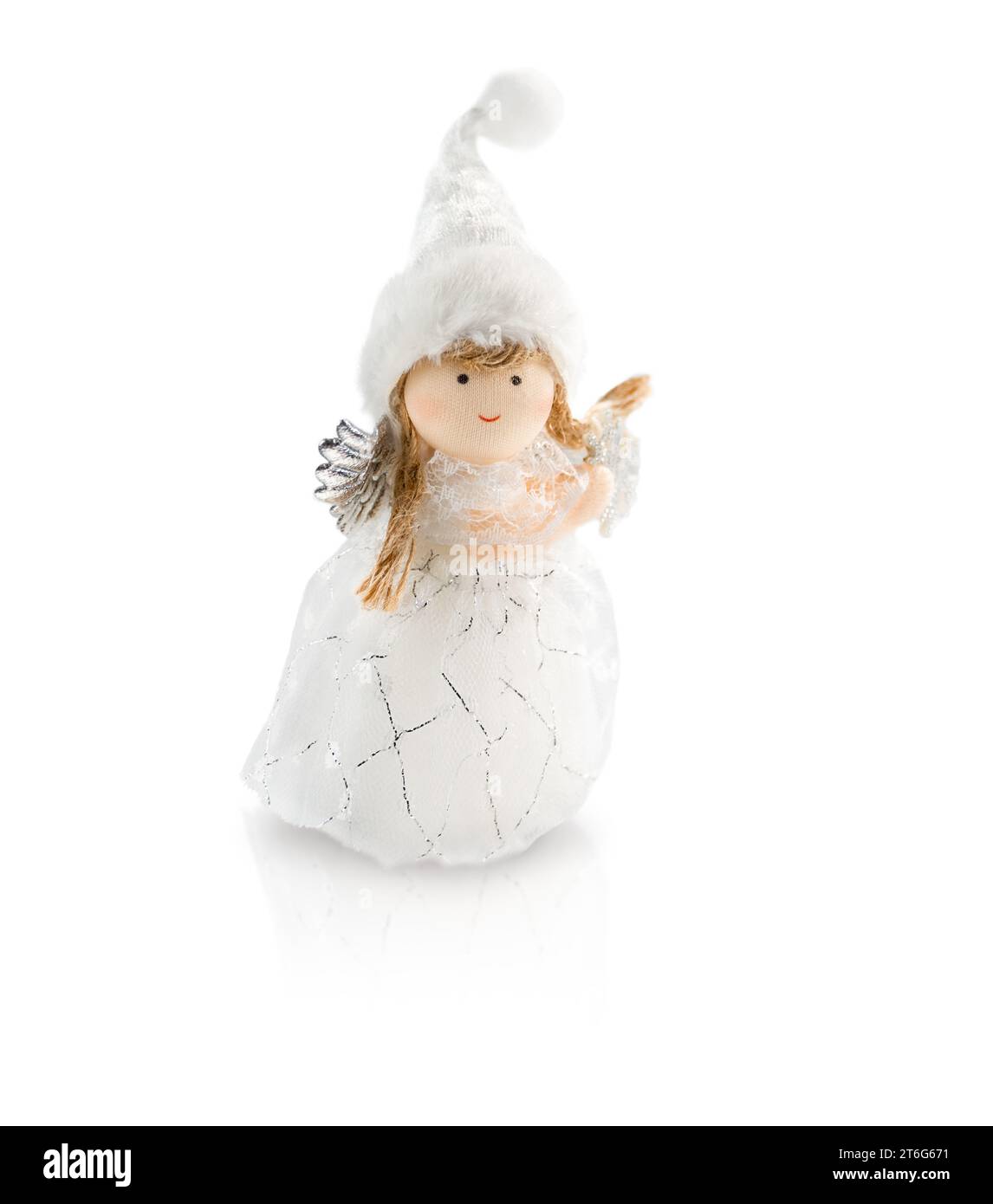 Angel toy in white dress and cap isolated on white background Stock Photo