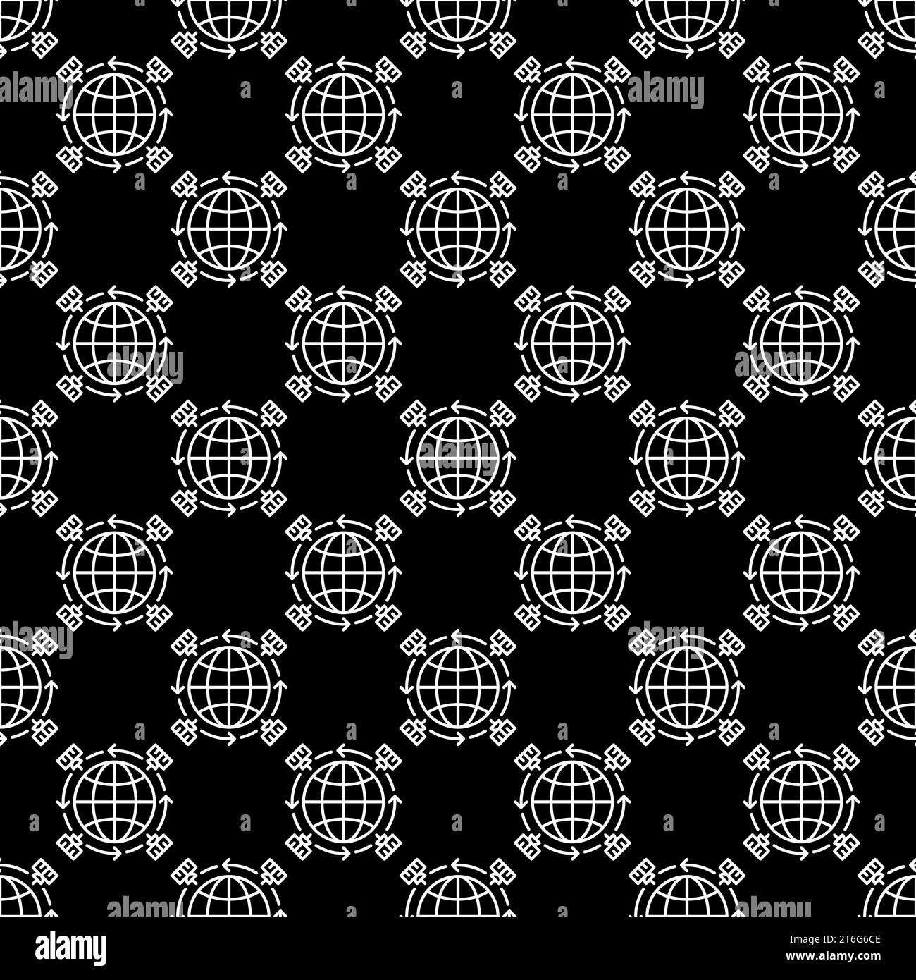 Satellites around the Earth vector concept dark seamless pattern in outline style Stock Vector