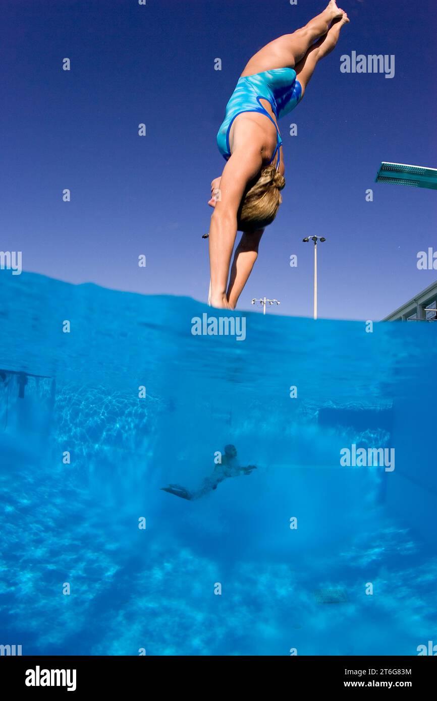 Diver jumping from springboard and entering water, Key Largo, Florida ...