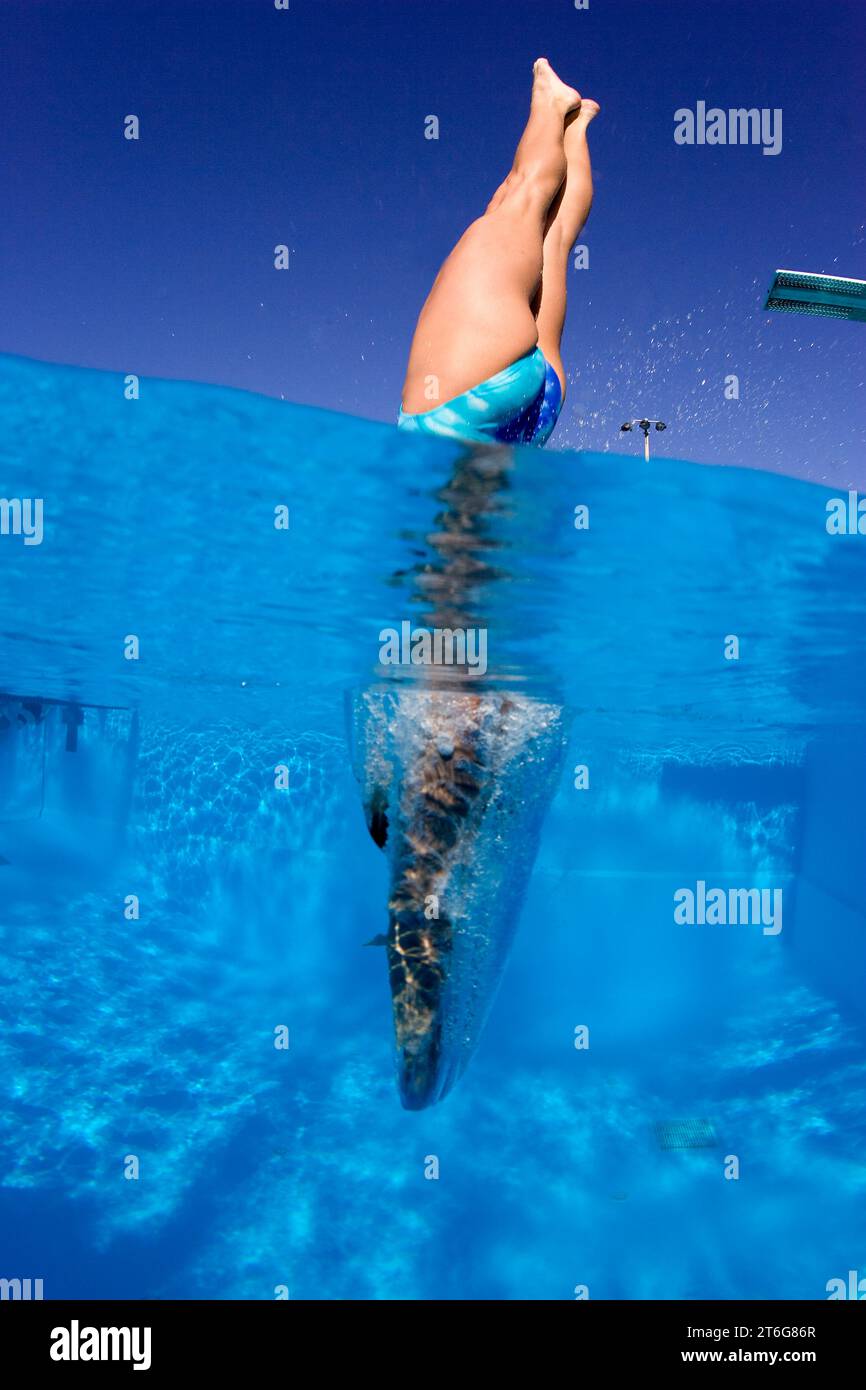 Diver jumping from springboard and entering water, Key Largo, Florida