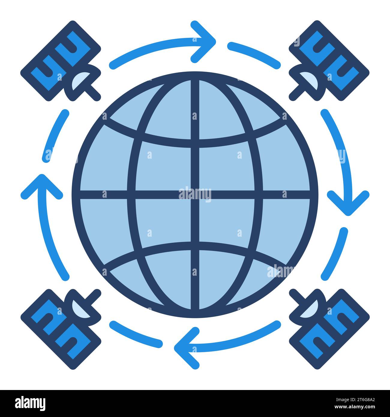 Four Satellites around the Earth vector concept blue icon or sign Stock Vector