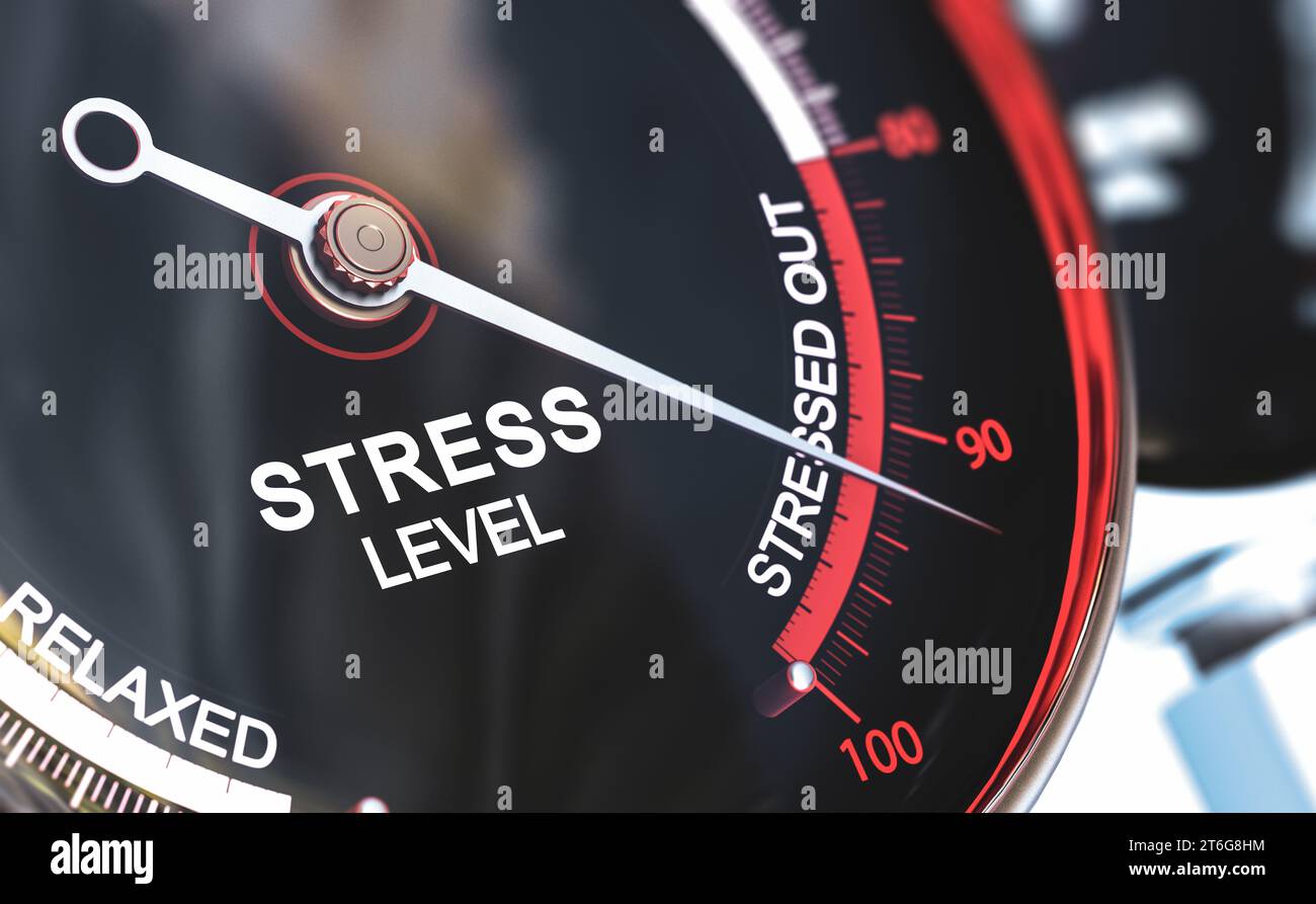 Stress gauge with needle pointing the words stressed out. 3d illustration. Stock Photo