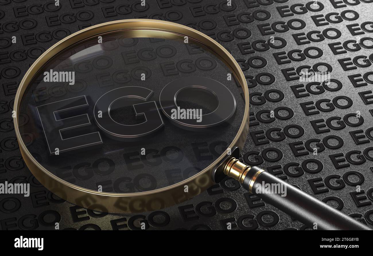 Word ego with a magnifying glass over black background. 3d illustration. Stock Photo