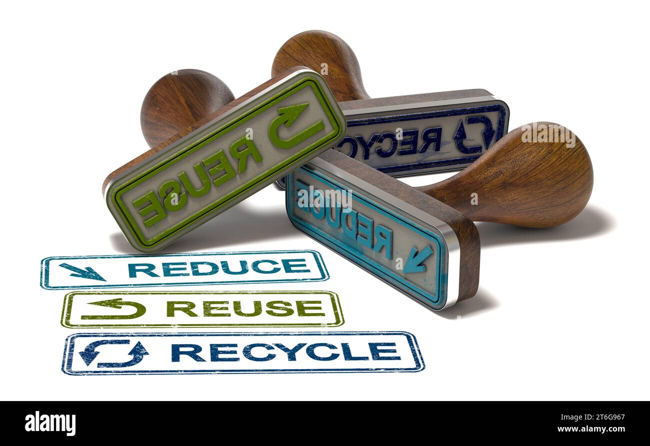 Three rubber stamps with the words reduce, reuse and recycle over white background. Waste management concept. 3D illustration. Stock Photo