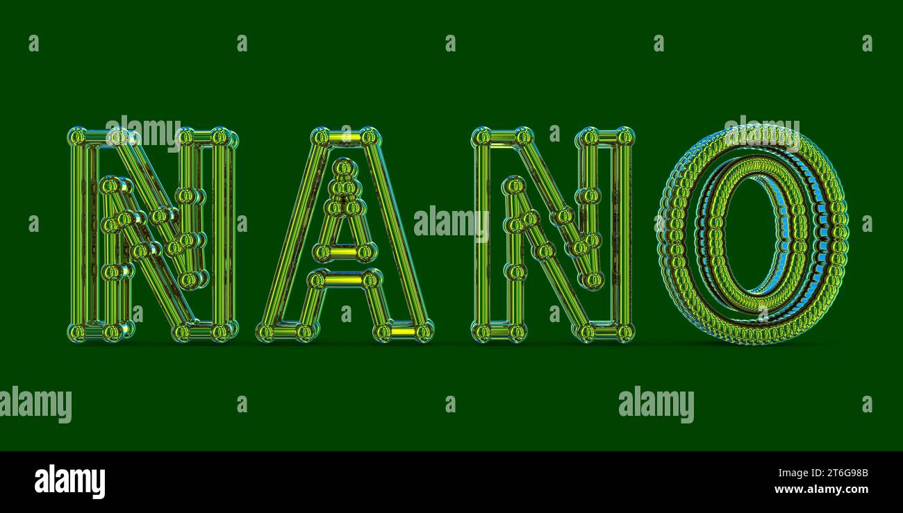 A 3D scientific illustration of the word NANO created using an atomic grid array, representing the concept of nanotechnology. Stock Photo