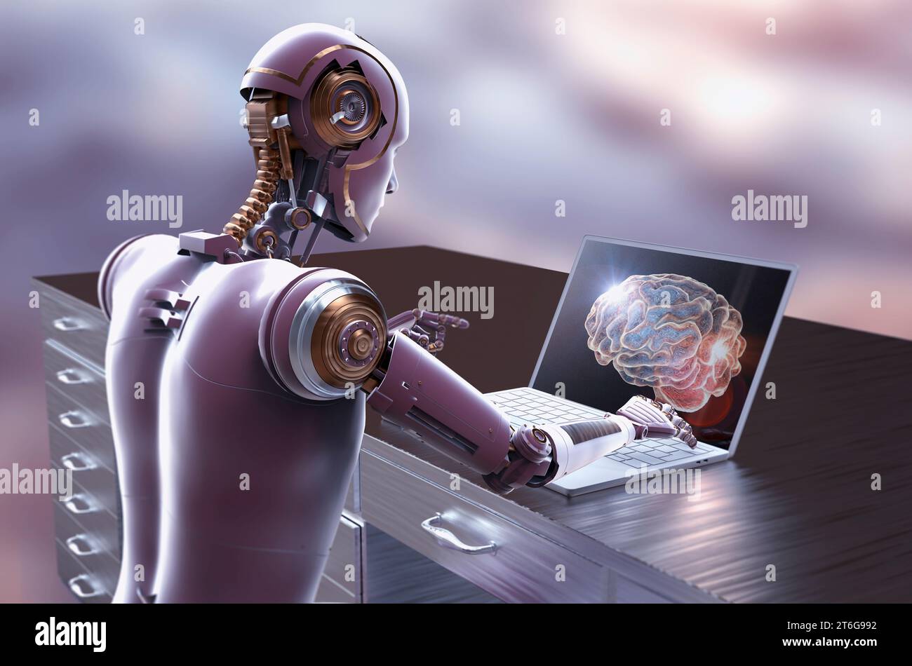 3D illustration of a humanoid robot studying human brain with a laptop ...
