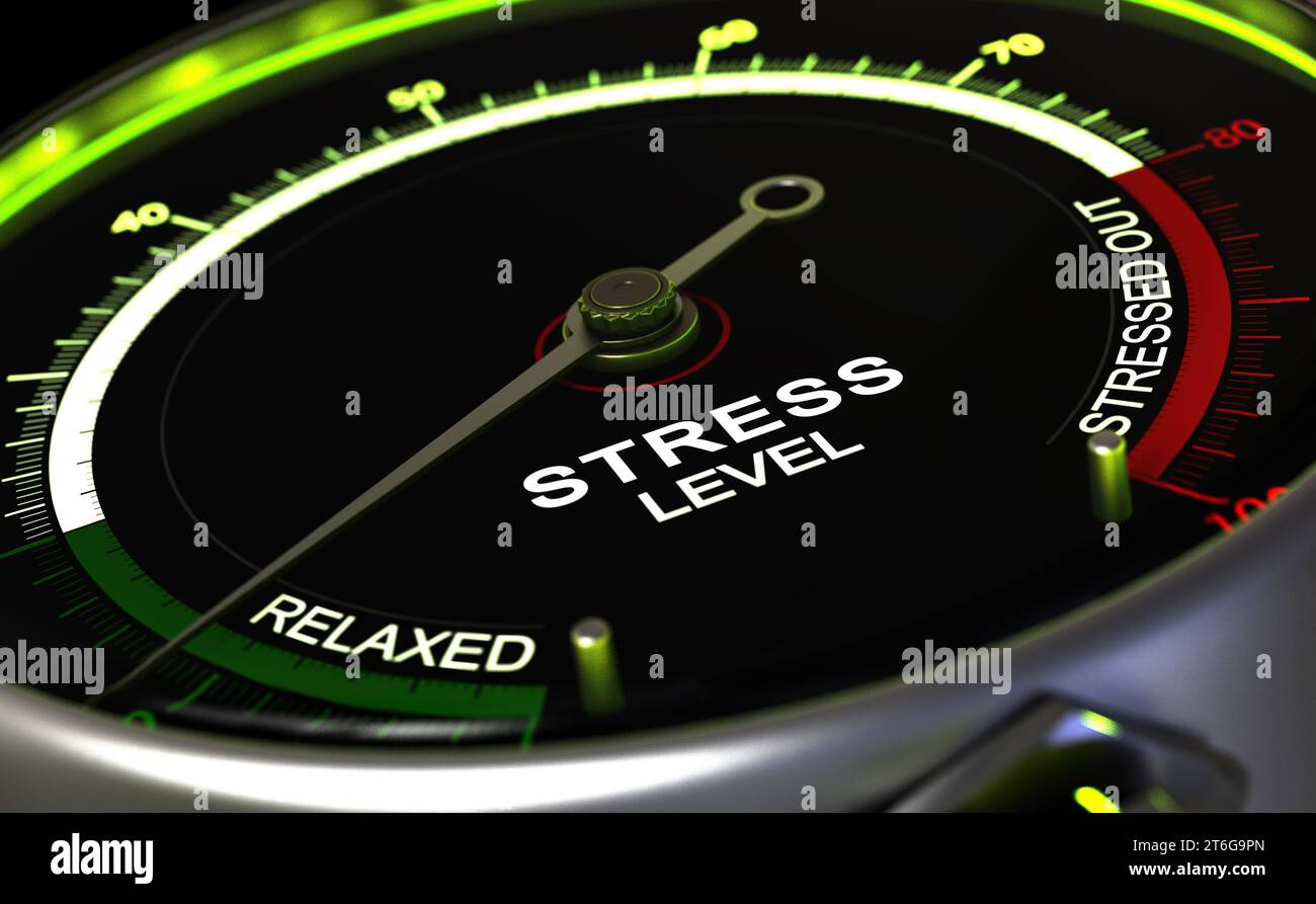 Stress gauge with needle pointing the word relaxed. 3d illustration. Stock Photo