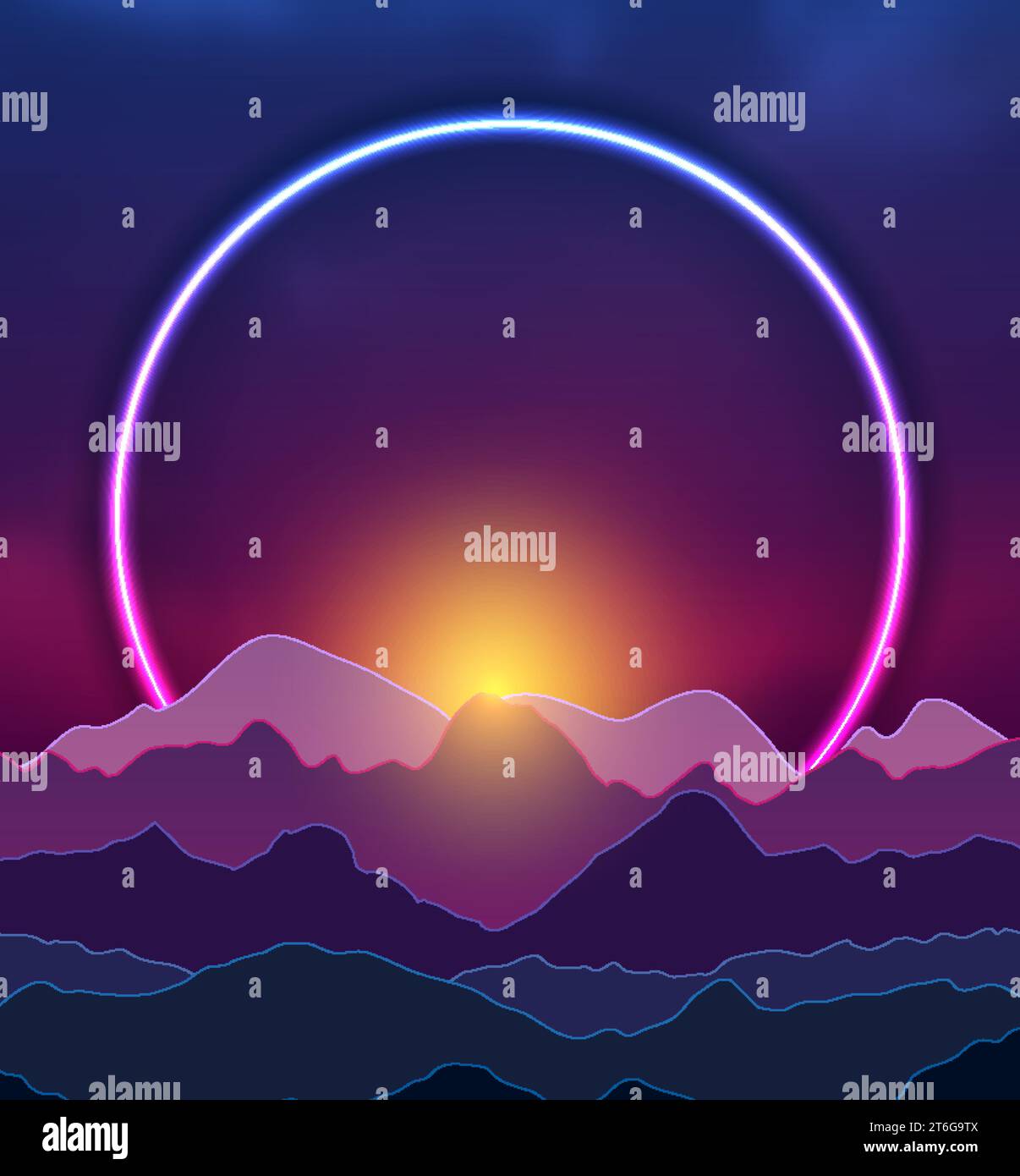Retro nature abstract background witn neon ring and night mountains. Vector graphic design Stock Vector