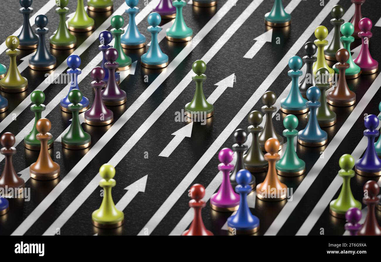 Many colorful pawns in different rows. Priority pass, fast lane or VIP Privileges concept. 3d illustration. Stock Photo