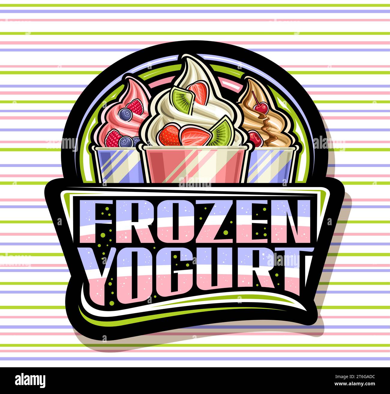 Vector logo for Frozen Yogurt, black decorative signboard with outline illustration of different refreshing ice creams with fresh cut fruits in paper Stock Vector