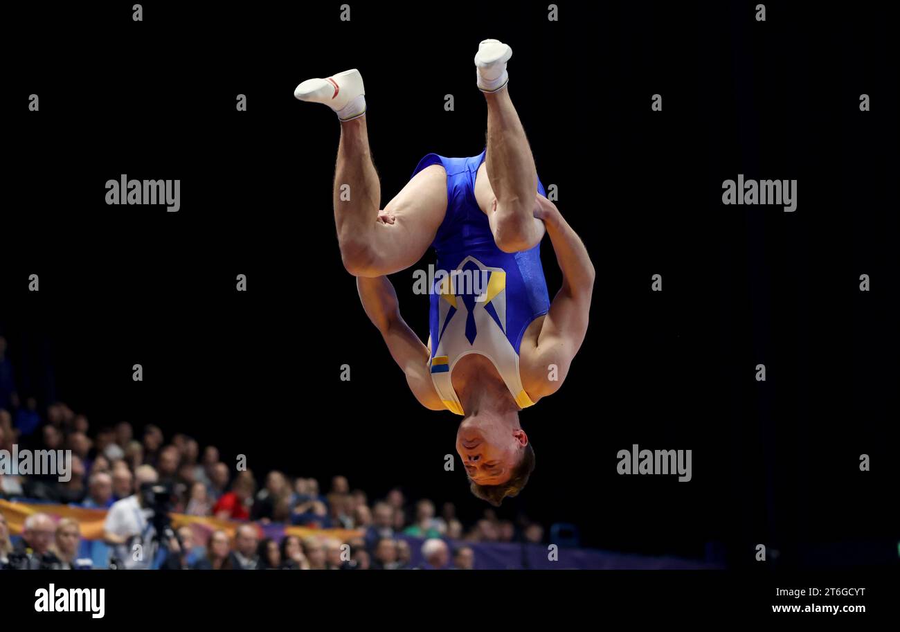 Ukraine's Valentin Sviatynchuk competes in the Men's Tumbling Qualifications during day two of the 2023 FIG Trampoline Gymnastics World Championships at the Utilita Arena, Birmingham. Picture date: Friday November 10, 2023. Stock Photo