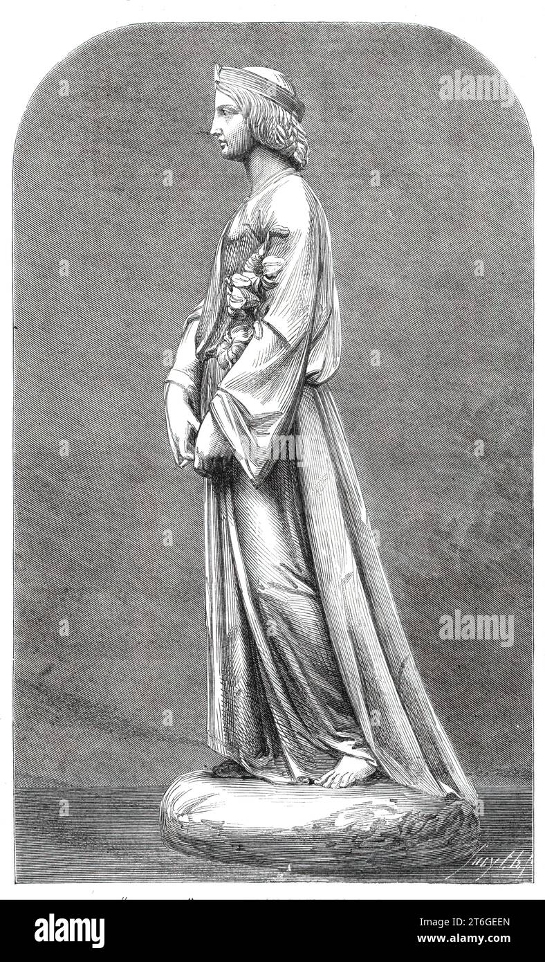 Sculpture: &quot;Chastity&quot;, by J. Durham, in the Royal Academy Exhibition, 1860. '&quot;Chastity&quot; is here represented in a figure which, judging from the profile presented in the Engraving, has something Giottesque in the simple elegance of its outline and motive grace of its stately action, as it advances unabashed through a world of perils. The beautiful hands loosely joined before her, sustain a branch of lily - emblem of purity. The head, which is of classic form, is simply encircled with a fillet, with a bright star set in front. The drapery falls around in loose and easy folds, Stock Photo