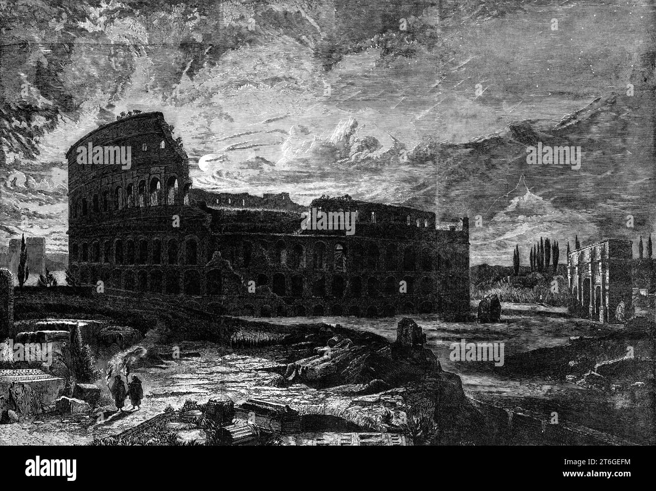 &quot;The Coliseum, Rome&quot;, by F.L. Bridell in the Royal Academy Exhibition, 1860. Engraving of a painting. 'This vast arena, constructed for the indulgence of brutal appetites, covers an area of six English acres, and such was the amount of means which the Emperors had under their power that it was constructed in the course of two years and nine months, and that, in spite of the ravages of time and the hands, ancient and modem, which have despoiled it for its materials, enough of it still survives to tell of the original plan, and to give an idea of the programme of the barbarous entertai Stock Photo
