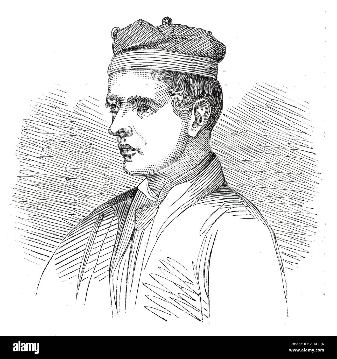 Peter Cunningham, of the English Battalion, 1860. British military fighting in Italy, as part of a '...battalion composed of North Italians and Palermitans...under the command of Lieutenant-Colonel Dunne and several other English officers...Peter Cunningham, a young English sailor...asked Colonel Windham to pitch him over the vineyard-wall behind which the Neapolitan riflemen were intrenched. The wall was seven feet in height, and he fell amongst the enemy like a bombshell, and with nearly the same effect, for they scampered off right and left, startled at seeing the youngster come plump among Stock Photo