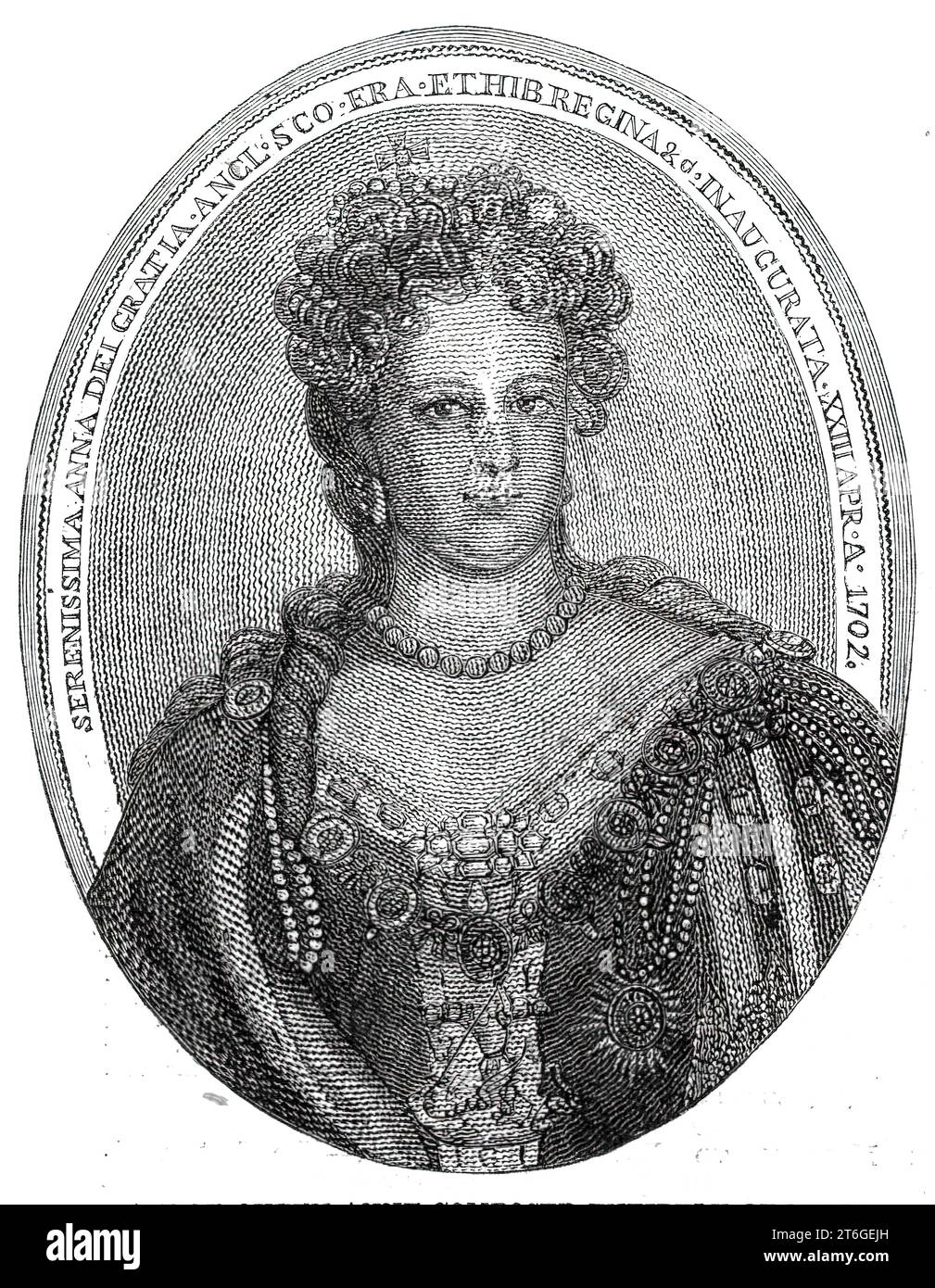 Portrait of Queen Anne composed entirely of minute writing, 1860. '...one day, during the examination of a slim folio volume (Add. MSS. 4027), Sir Frederic Madden discovered the curious and interesting fact that...[the portrait was not the work] of the graver at all, but [was] composed entirely of writing executed with a pen - containing words enough to make a moderately-sized book! The volume in question... is entitled &quot;An Account of the Several Matters and Transactions of State contained in her Royal Majesty Queen Anne's Picture since her happy Accession to the Throne of her Ancestors. Stock Photo