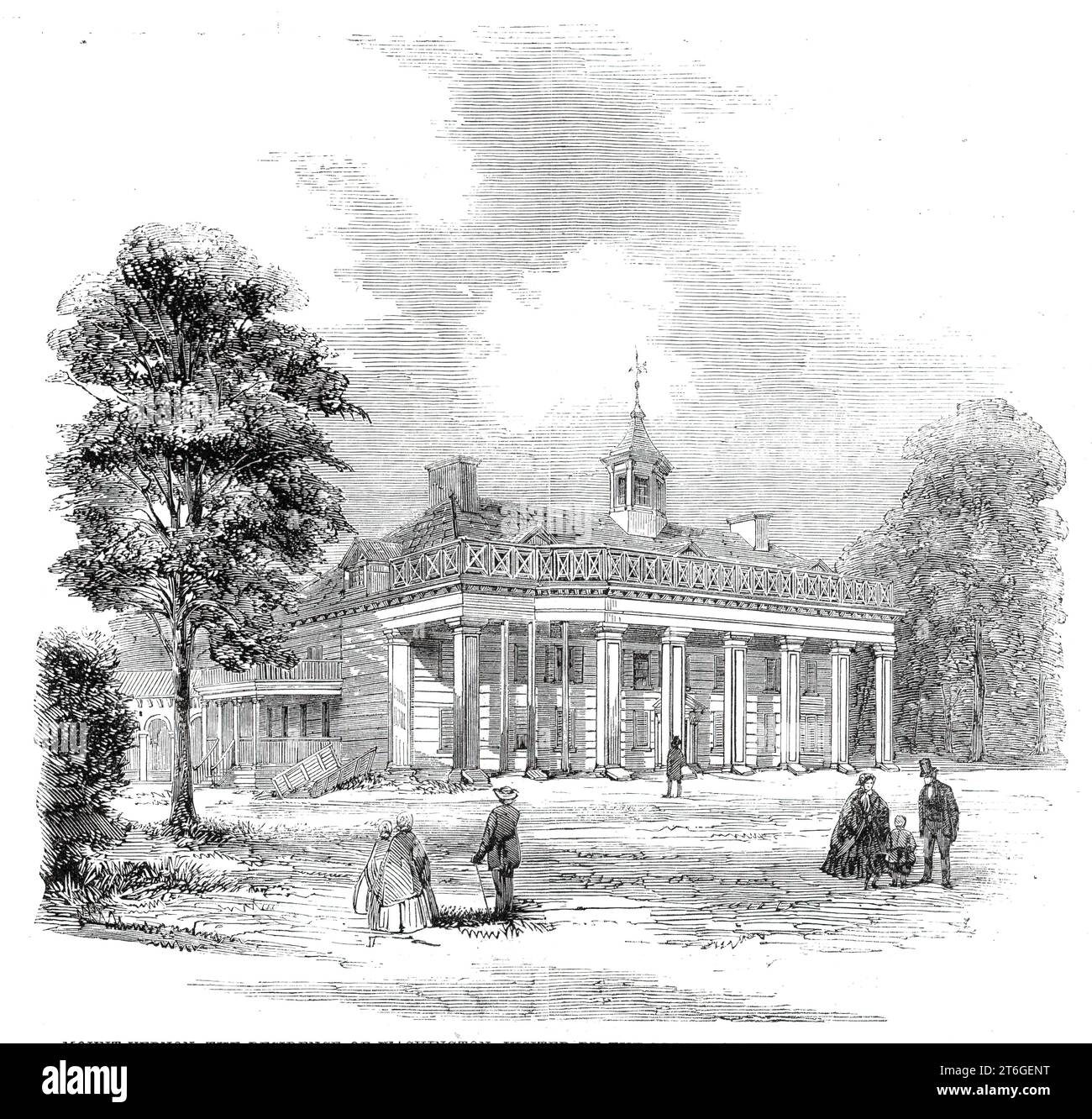 Mount Vernon, the residence of Washington, visited by the Prince of Wales on the 5th of October, 1860. The house ' ...is, according to the Times' correspondent, in shocking plight, and fast going to ruin...In the centre of the lawn is a long, straggling, oldfashioned, wooden country-house, three stories high, with very tall, square wooden pillars, supporting a broad balcony, which shades the whole front...Above the balcony, with its wooden lattice balustrade, ruined and broken like torn lace, is a sloping irregular tiled roof, green with the moss and damp of many years. Four pointed little gab Stock Photo