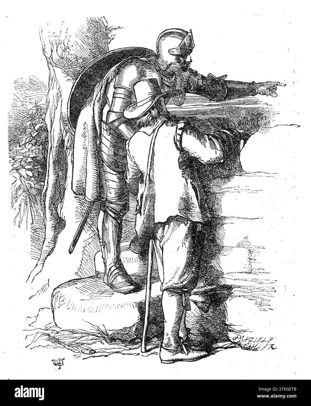 &quot;Christian and Hopeful at the stile leading into By-Path Meadow&quot;, from &quot;The Pilgrim's Progress&quot;, 1860. 'The personages of the book, as they appear in Mr. Watson's pictures, are clothed in the garb of the period at which Bunyan wrote; and the characteristics of each have been portrayed with singular point and effect...[Shown here is] the point where Christian, having long assumed his suit of armour, in company with Hopeful, pauses at the stile which leads to By-path Meadow, and so takes them out of the way, for a space, of the road which leads to the Celestial Gate....Of cou Stock Photo