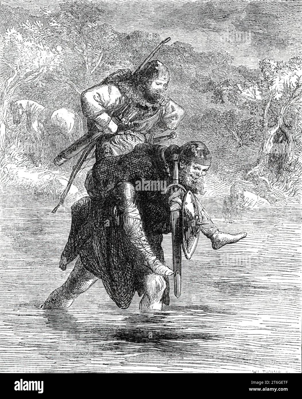 &quot;Robin Hood and the Curtal Friar&quot;, from &quot;The Boy's Book of Ballads&quot;, 1860. 'Of the romantic characteristics of John Gilbert's illustrations it is of course unnecessary to say a word, except that we think we see particular marks of care and finish in the details of each picture. We engrave a very spirited specimen of the illustrations, one which pertains to the ballad of &quot;Robin Hood and the Curtal Friar,&quot; and the gist of which is to be found in the following lines: &quot;The friar took Robin Hood on his back, Deep water he did bestride, And spake neither good word Stock Photo