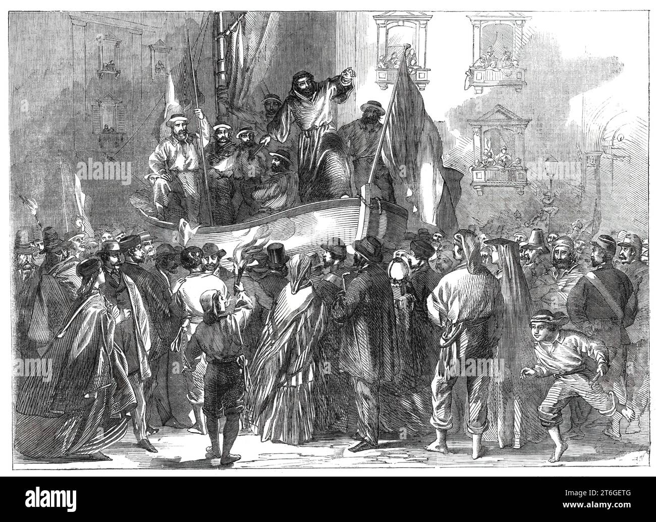 Padre Giovanni addressing the people in front of the Jesuits' College, Naples - from a sketch by our special artist, Frank Vizetelly, 1860. 'During the fetes given at Naples in honour of the entry of King Victor Emmanuel into that city a boat, constructed by the fishermen of Santa Lucia, emblematical of the one from which Garibaldi landed at Marsala, was paraded about the streets by torchlight, and manned by red-shirted Garibaldini. It remained stationary for some time in the square in front of the Jesuits' College, and while there Padre Giovanni, who had followed Garibaldi throughout the whol Stock Photo