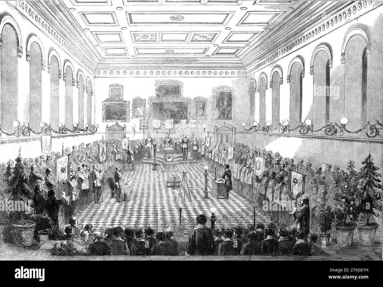Installation of the Duke of Newcastle at the Mechanics' Hall, Nottingham, as Provincial Grand Master of the Freemasons of Nottinghamshire, 1860.'The installation was attended by the Earl of Zetland, Grand Master of England; Sir Joseph Paxton, Grand Chaplain of the Order; Captain Boyer, Grand Master of Oxfordshire; and a great number of nobility and gentry were present, including representatives from the grand lodge, and numerous other distinguished members of the craft. The brethren assembled at eleven o'clock, and at twelve the Provincial Grand Lodge of Nottinghamshire was opened for the tran Stock Photo