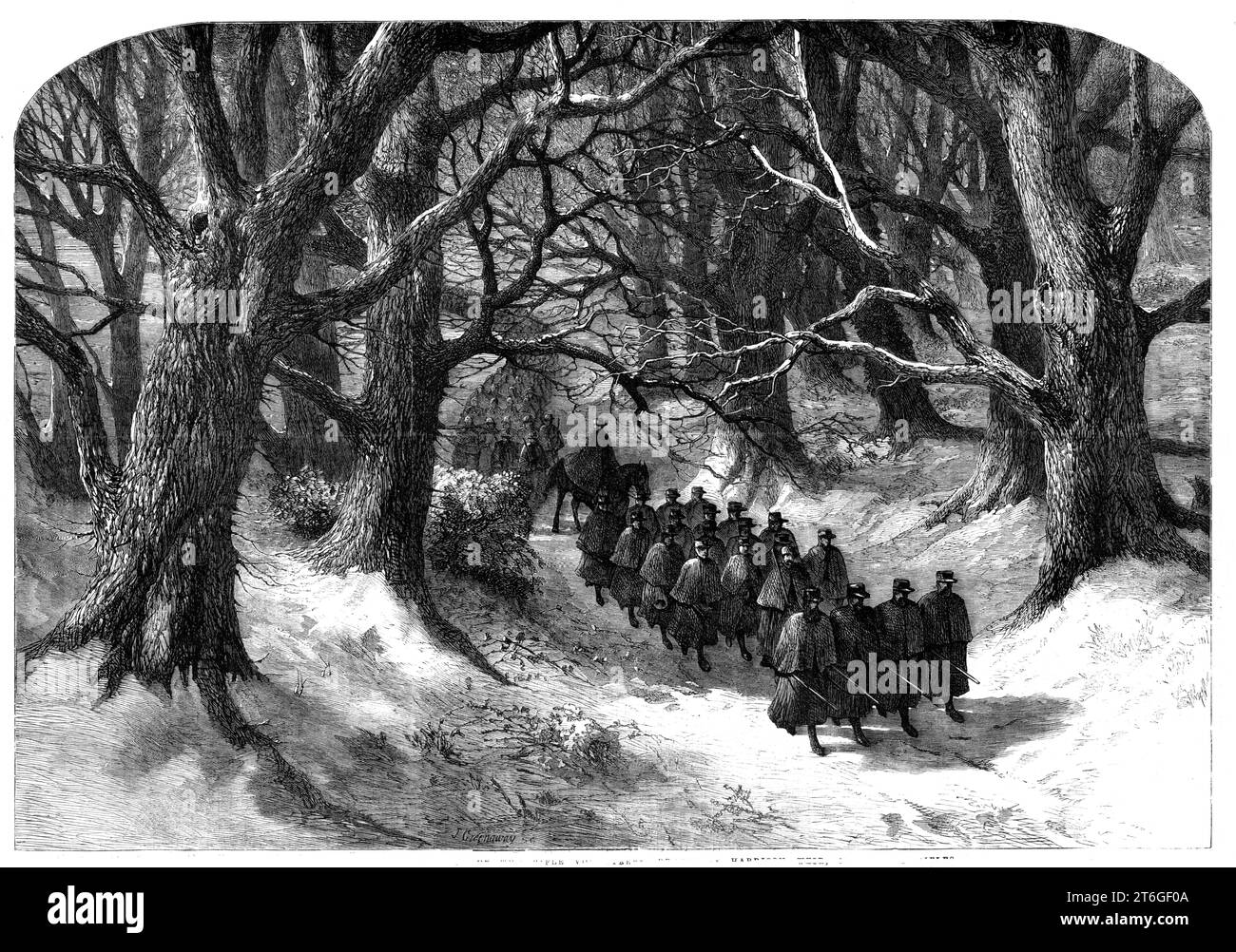 Night march at Christmastide of the Rifle Volunteers - drawn by Harrison Weir, 1st Surrey Rifles, 1860. Music by W. M. Balfe, words by Mark Lemon. 'Step together! All together! Close together! Remember this is holy earth On which our measured footsteps tread - The living land which gave us birth! The dust of our immortal dead! Chorus. Step together! All together! Each man's true beside us; Close together! Fall together! Death can but divide us! Step together! All together! Close together! The happy spirits of our sires Look down from yon bright stars above, And from those orbs of quenchless fi Stock Photo