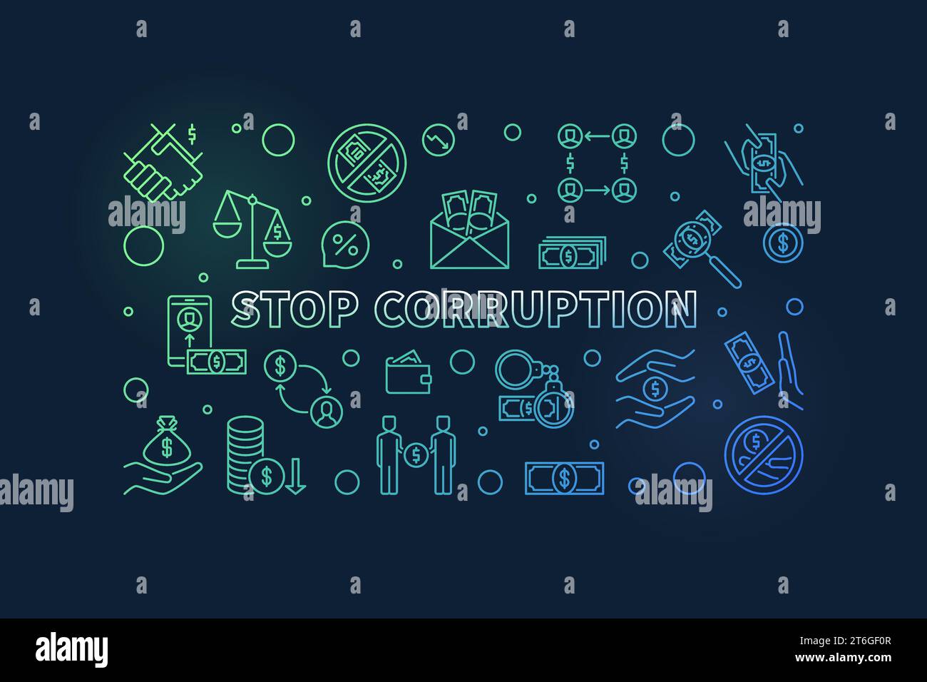 Stop Corruption concept thin line colored horizontal banner - vector illustration Stock Vector
