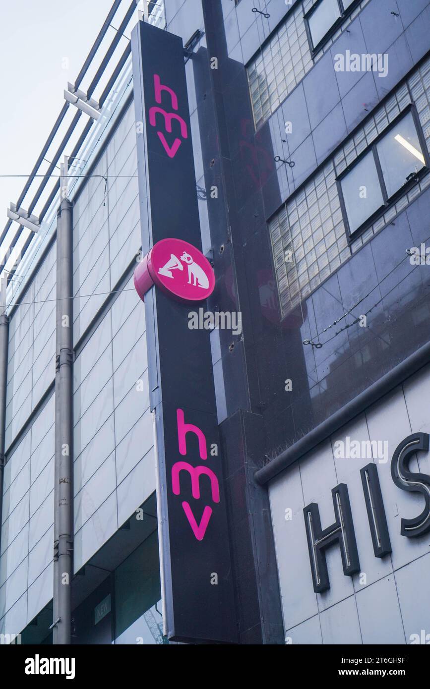 London, UK. 10 November 2023. HMV (His Master's Voice signage featuring
