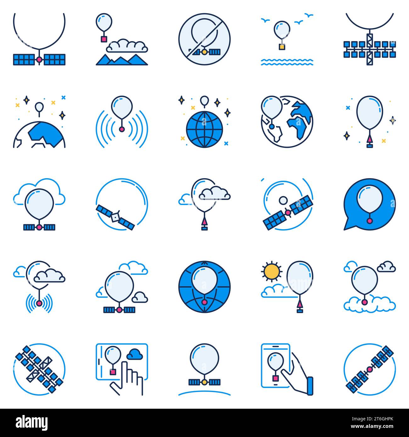 Radiosonde colored icons set. Spy and Weather Balloon in Atmosphere