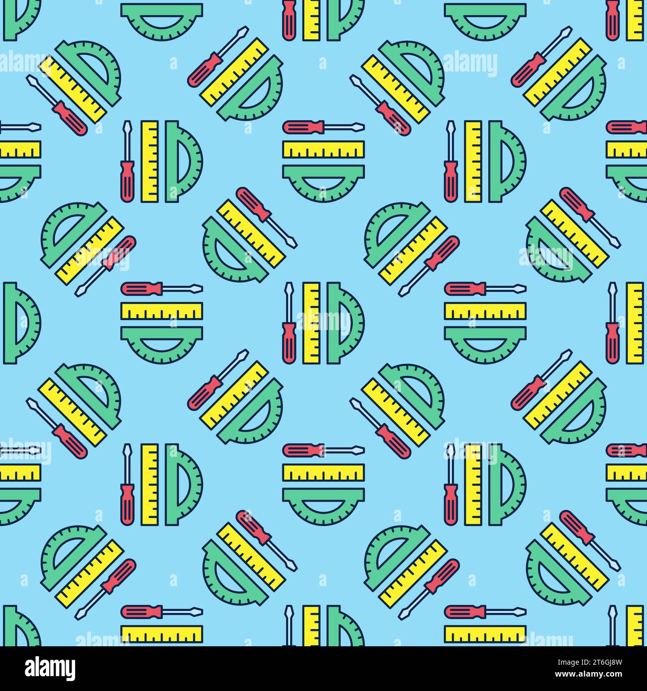 Screwdriver and Protractor with yellow Ruler vector STEM concept colored seamless pattern Stock Vector