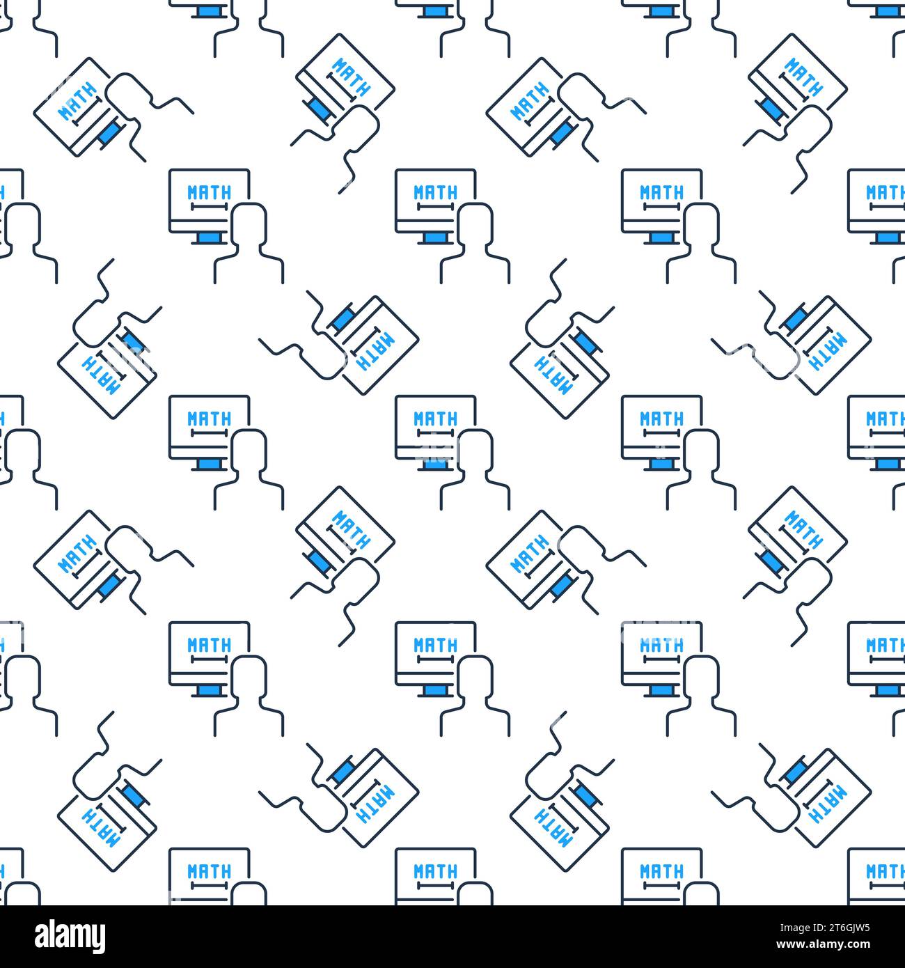 Online Mathematics Tutoring vector Man and Computer Math Learning concept colored seamless pattern Stock Vector